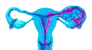 골반염의 상행 감염 경로를 보여주는 의학적 3D 일러스트레이션