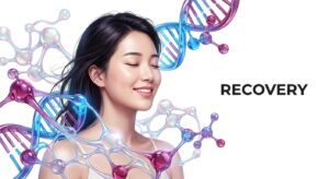평온한 모습으로 회복 중인 여성과 건강한 신진대사를 상징하는 이미지